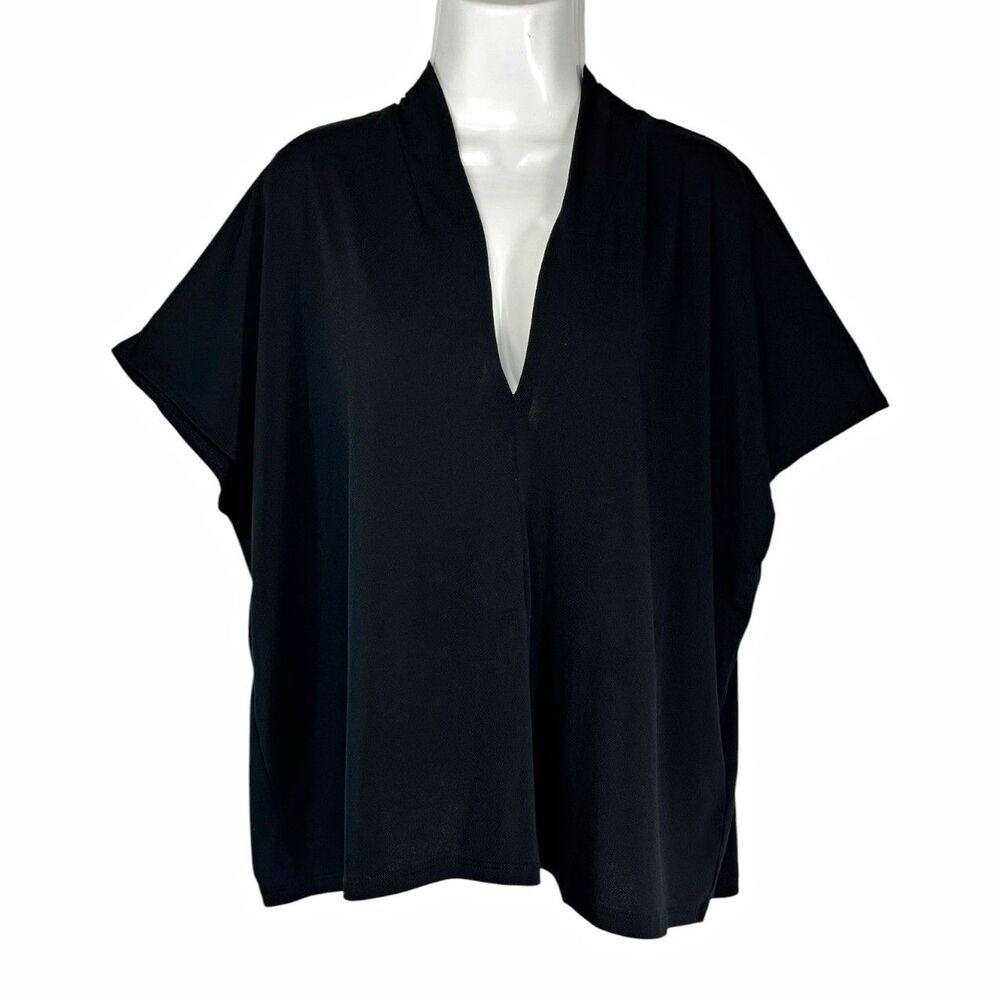 H&M Women 2X Black V-Neck Short Sleeve Pullover Dressy Blouse Pleated Woven
